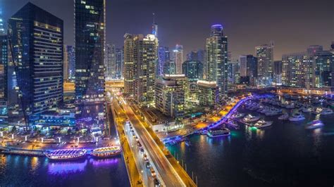 Water Canal on Dubai Marina Skyline at Night Timelapse. Stock Image ...