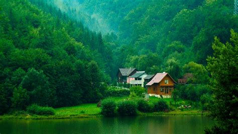 beautiful scenery nature wood houses green trees bushes lake