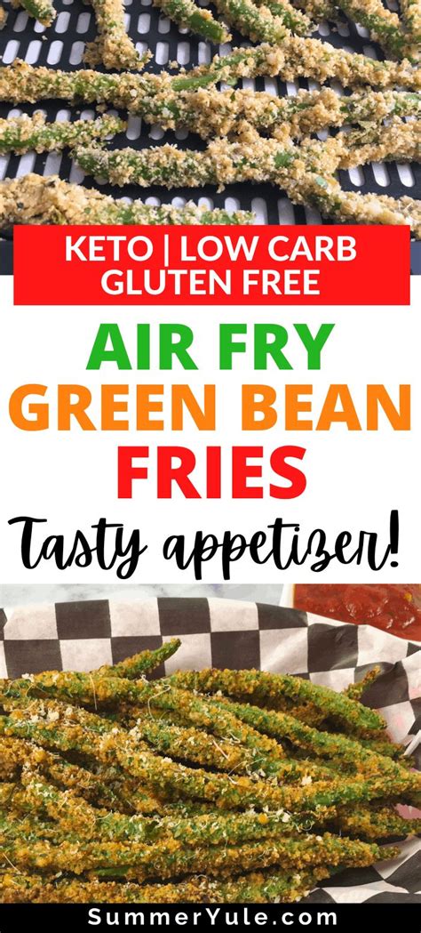 Keto Low Carb Air Fry Green Bean Fries On A Grill With Text Overlay