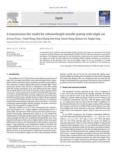 Pdf A Transmission Line Model For Subwavelength Metallic Grating With