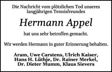 Traueranzeigen Von Hermann Appel Sh Z Trauer