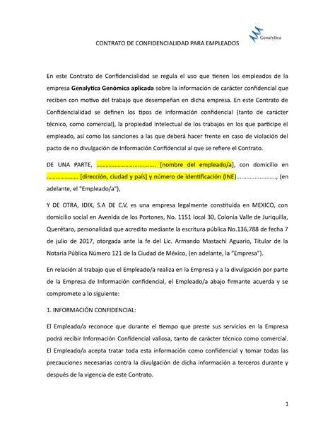 Contrato De Confidencialidad Para Empleados Contrato De Confidencialidad Para Empleados En