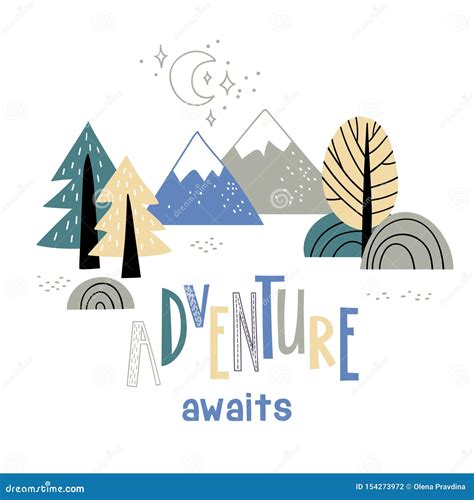 Minimalistic Mountain Landscape With Trees And Handwriting Inscription