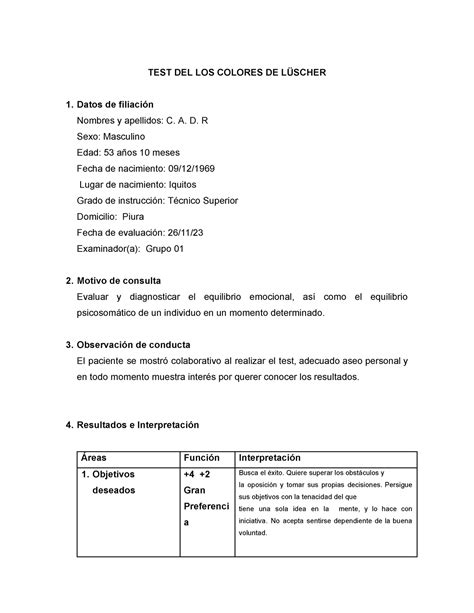 Informe Del Test De Luscher Test Del Los Colores De L Scher Datos