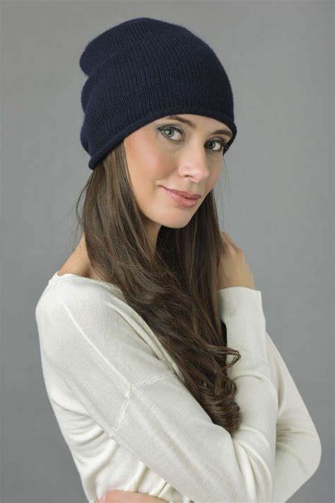 Pure Cashmere Plain Knitted Slouchy Beanie Hat In Navy Blue