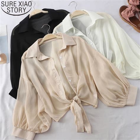 Korean Chiffon Shirts Women 2020 Summer Half Sleeve Buttoned Up Shirt