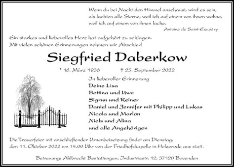 Traueranzeigen Von Siegfried Daberkow Trauer Anzeigen De