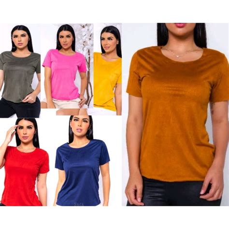 Blusinha Suede Manga Curta Feminina T shirt Camiseta Corte à Láser