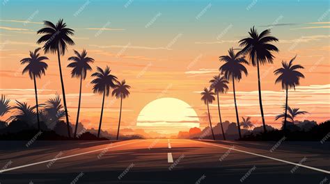 Palm Trees On The Road With Sunset And Palm Trees Premium Ai Generated Vector