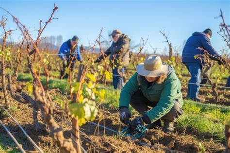 Premium Photo | Field workers pruning grapevines in a biodynamic vineyard