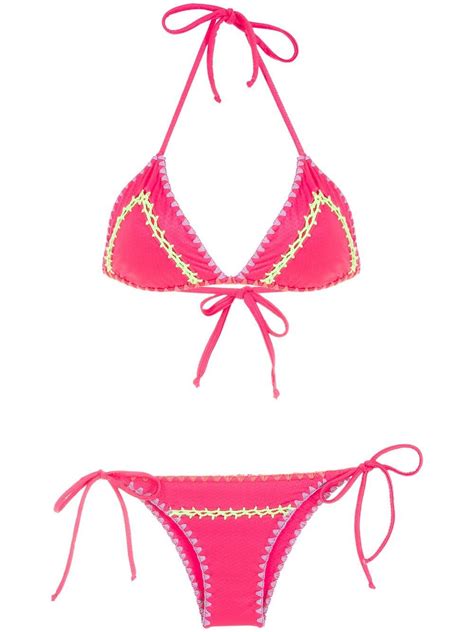 Fuchsia Pink Contrast Stitching Triangle Cup Bikini Set From BRIGITTE