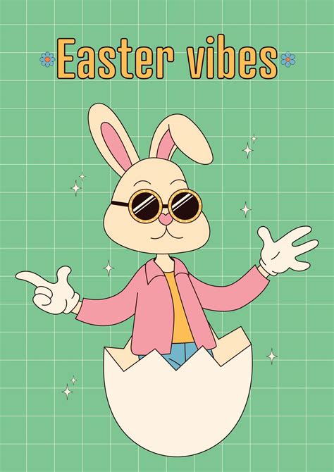 Groovy Hippie Happy Easter Posters Easter Bunny Vector Card In Trendy