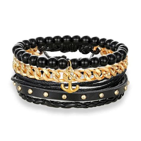 Black And Gold Stacked Bracelet Set Beaded Leather And Metal Bracelets