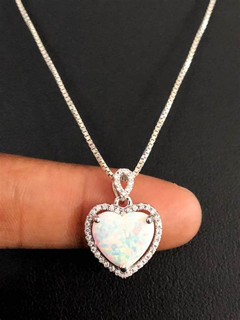 White Opal Heart Necklace Sterling Silver White Opal Necklace Bridal Wedding Jewelry October