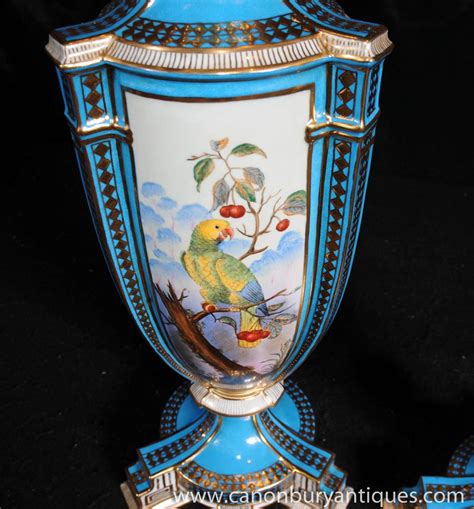 Pair Sevres Porcelain Parrot Bird Urns Vases French Pottery