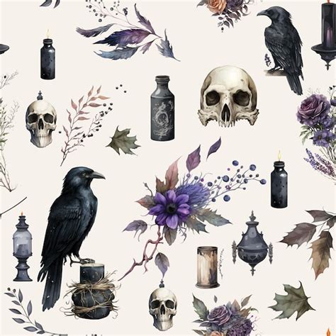 Premium Vector | Gothic raven dark academia seamless pattern