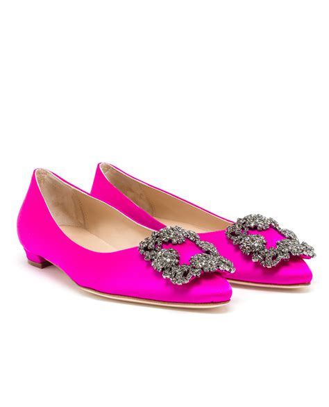 Manolo Blahnik Hangisi Embellished Satin Flats In Navy Pink Lyst