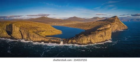 Panoramic Aerial View Traelanipan Cliff Sorvagsvatn Stock Photo