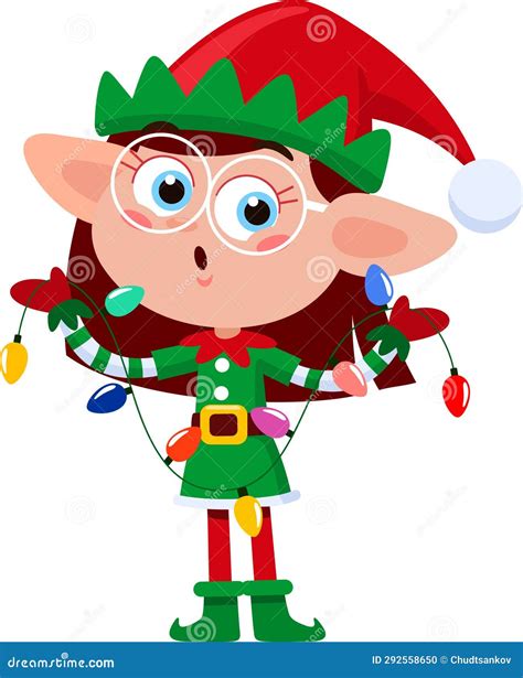 Cute Christmas Elf Girl Cartoon Character With Christmas Lights Stock Vector Illustration Of