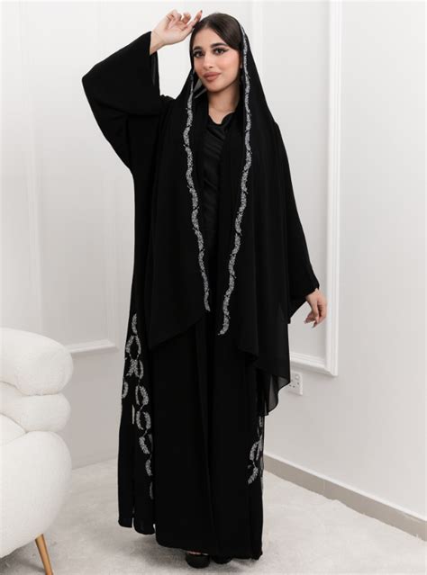 SHE23 Abaya Description Crepe Abaya With Embroidery And Silver