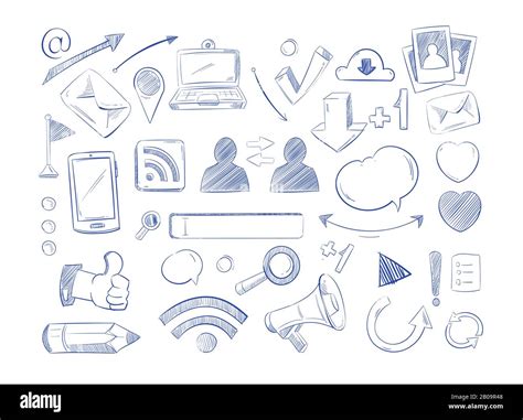 Social media network vector doodles, internet computer hand draw icons ...