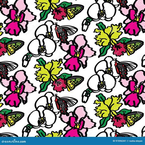 Orchids And Butterflies Seamless Pattern Stock Vector Illustration Of