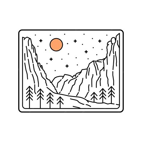 Premium Vector View Of Zion National Park With Starry Sky In Mono Line Art Patch Badge Design