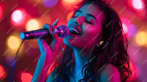 Premium Photo A Woman Singing Into A Microphone With The Word On It