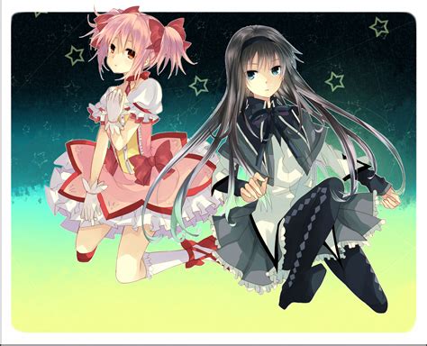 2girls Akemi Homura Black Hair Blue Eyes Dress Gloves Headband Kaname Madoka Kneehighs Long Hair