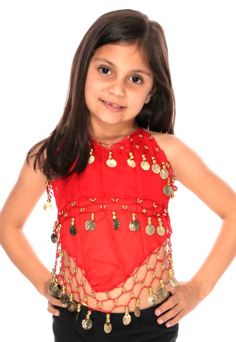 Little Girls Red Chiffon Belly Dance Costume Halter Top With Gold Coins