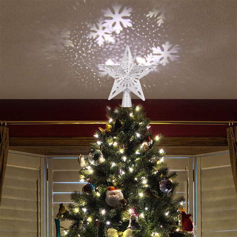 Lighted Christmas Tree Toppers With Snowflake Projector Gold Glittered