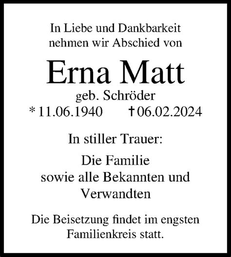 Traueranzeigen Von Erna Matt Trauer Anzeigen De