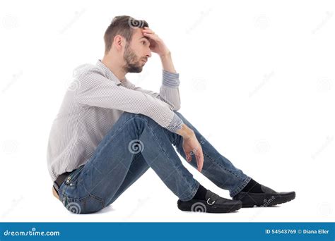 Depression Concept Stressed Man Sitting Isolated On White Stock Image