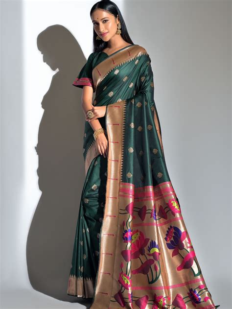bottle green paithani saree ek dhaga