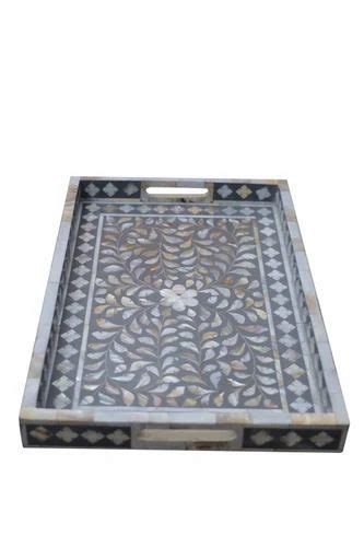 MOTHER OF PEARL INLAY RECTANGLE SERVING TRAY FLORAL MID GREY At Rs 2800