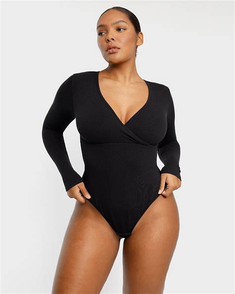 Cozy Ribbed Chic Cut Out Bodysuit V Neck Shapewear With Long Sleeves