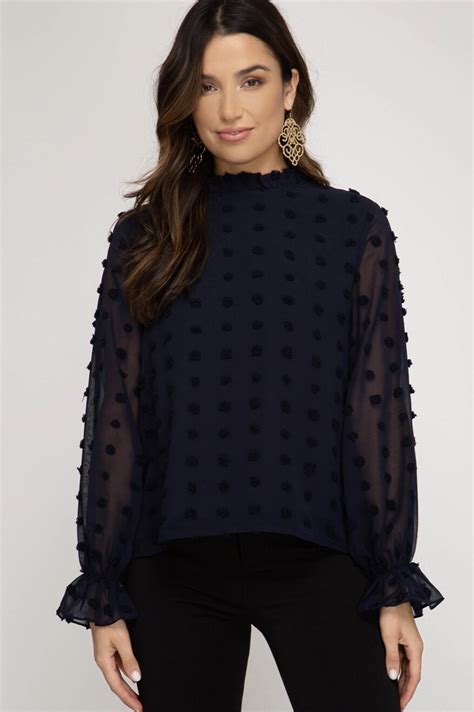 Long Sleeve Swiss Dot Blouse W Flounce