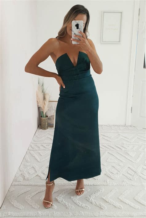 Louvre Strapless Satin Midi Dress Emerald Green