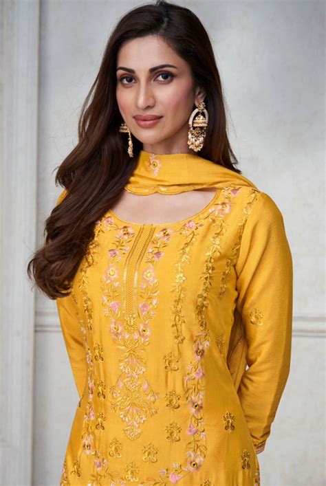 Yellow Chinon Silk Designer Palazzo Suit Salwar Kameez Designer