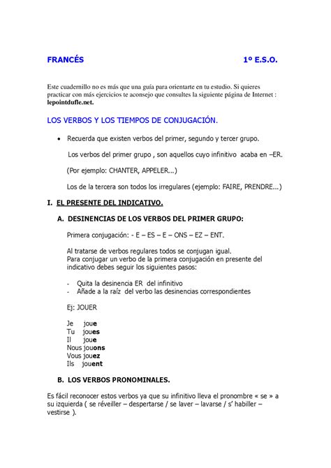 Francés 1º Eso Repaso De Gramática Y Vocabulario Apuntes De Francés