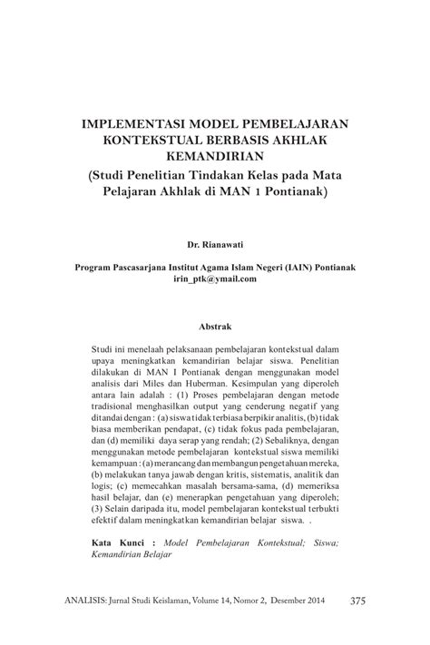 Pdf Implementasi Model Pembelajaran Kontekstual Berbasis Akhlak