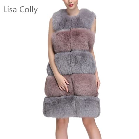 Lisa Colly Women Fur Vest Coat Luxury Faux Fox Warm Coat Vests Winter