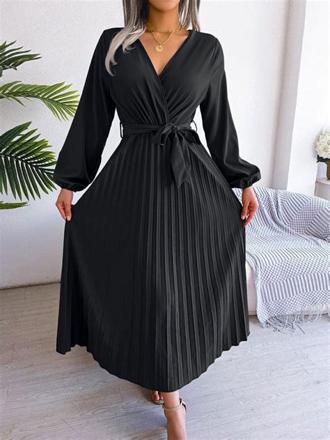 Women Elegant V Neck Long Sleeve Pleated Maxi Dress EBay