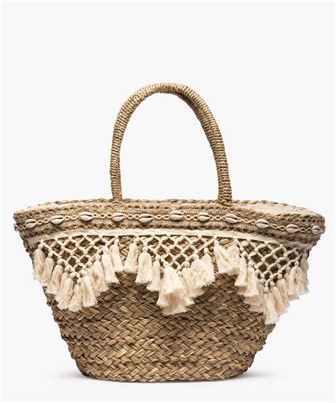 Sac De Plage Femme En Paille Tress E Avec Pompons Et Coquil Beige Gemo