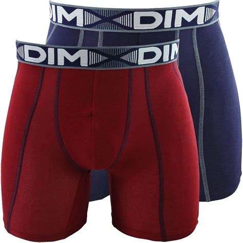 DIM 2 Boxers Longs Homme Coton 3D FLEX AIR Rouge Craie Bleu Denim