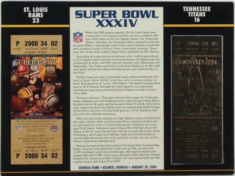 Super Bowl Xxxiv Commemorative Score Card With Kt Gold Ticket