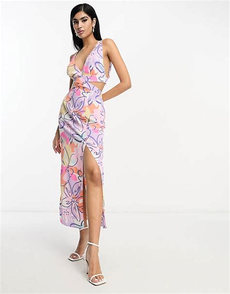 Asos Design Halter Neck Cut Out Midi Dress In Large Multicolor Floral