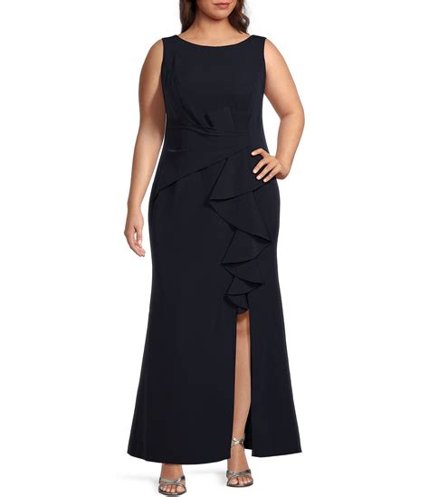 Eliza J Plus Size Crepe Sleeveless Boat Neck Front Ruffle Slit A Line