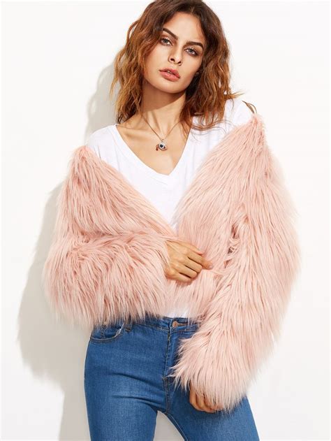 Shop Pink Collarless Faux Fur Coat Online Shein Offers Pink Collarless