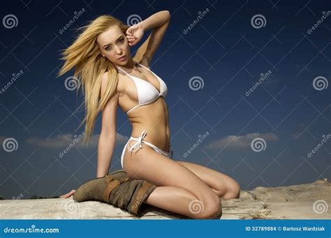 Beautiful Blonde Woman In White Bikini Stock Photo Image Of Boots